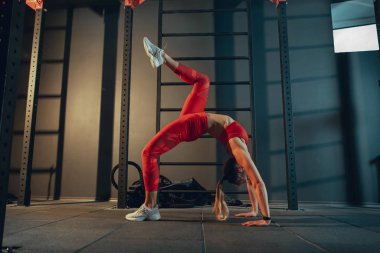 Spor salonunda sıkı çalışan bayan sporcu. Fitness ve sağlıklı yaşam konsepti.