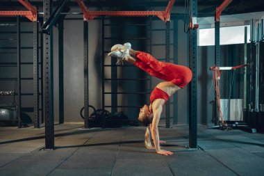 Spor salonunda sıkı çalışan bayan sporcu. Fitness ve sağlıklı yaşam konsepti.
