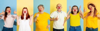 Portrait of young people celebrating red nose day on colorful background