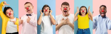 Portrait of young people celebrating red nose day on colorful background