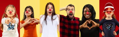 Portrait of young people celebrating red nose day on colorful background