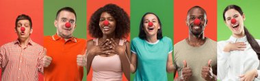 Portrait of young people celebrating red nose day on colorful background
