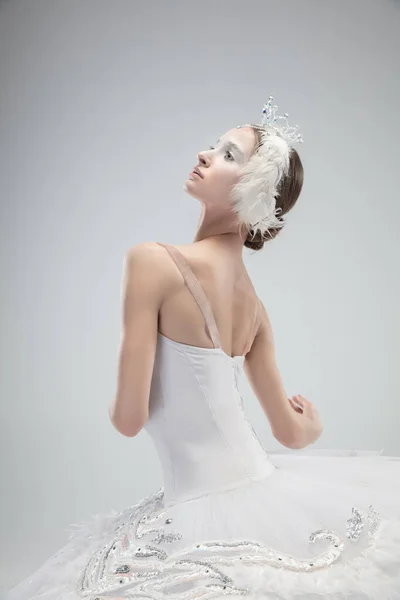 Κοντινό πλάνο της νεαρής χαριτωμένη μπαλαρίνα σε λευκό φόντο στούντιο — Φωτογραφία Αρχείου