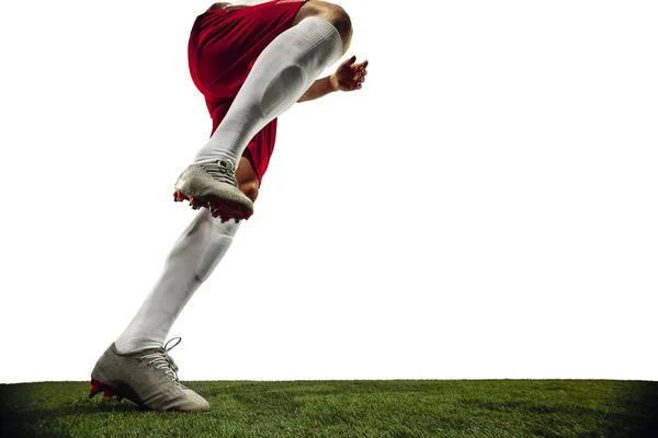 Ποδόσφαιρο ή ποδοσφαιριστής σε λευκό φόντο - κίνηση, δράση, δραστηριότητα έννοια — Φωτογραφία Αρχείου