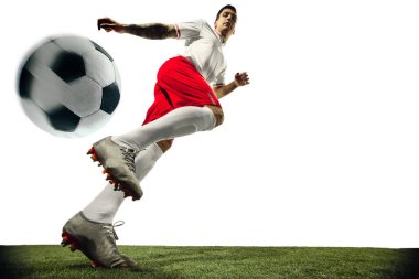 Beyaz zemin üzerinde futbol veya futbolcu - hareket, eylem, aktivite konsepti