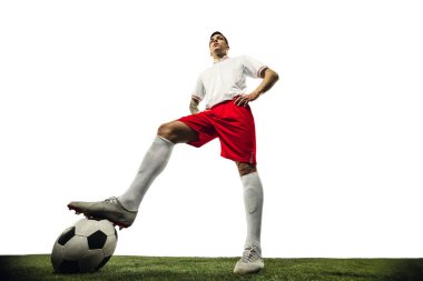 Beyaz zemin üzerinde futbol veya futbolcu - hareket, eylem, aktivite konsepti