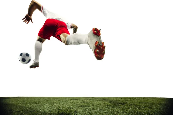 Futebol ou jogador de futebol sobre fundo branco - movimento, ação, conceito de atividade — Fotografia de Stock