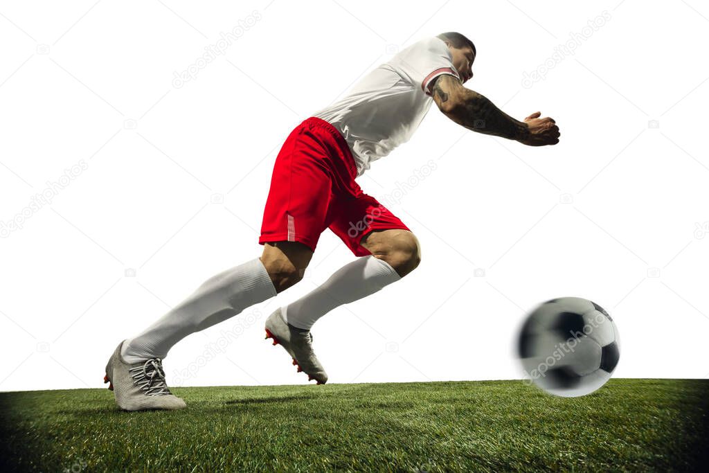 Football or soccer player on white background - motion, action, activity concept