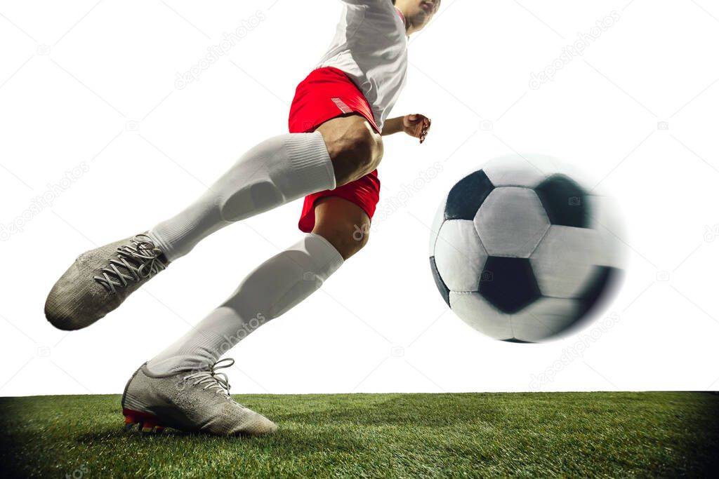 Football or soccer player on white background - motion, action, activity concept