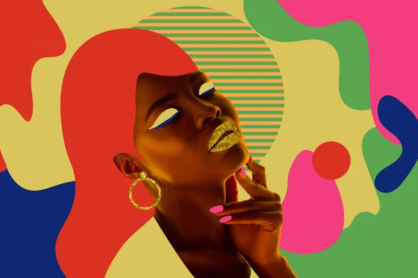 Portré egy gyönyörű fiatal nő fényes színes festett design — Stock Fotó
