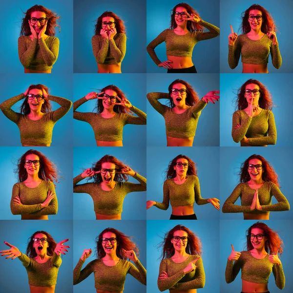 Collage von Porträts junger emotionaler Frauen auf blauem Hintergrund in Neonlicht — Stockfoto