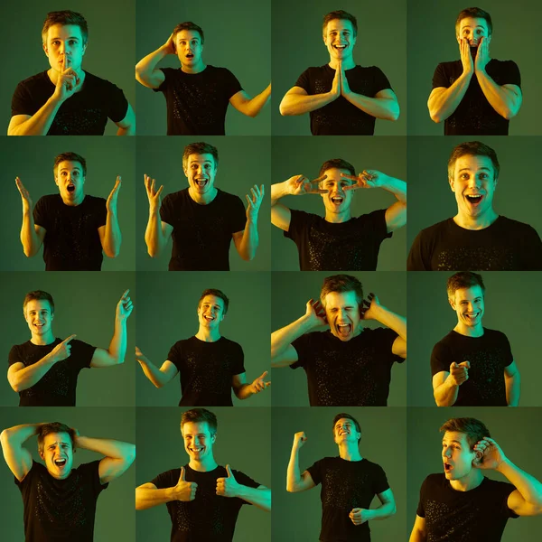 Collage de portraits de jeune homme émotionnel sur fond vert au néon — Photo