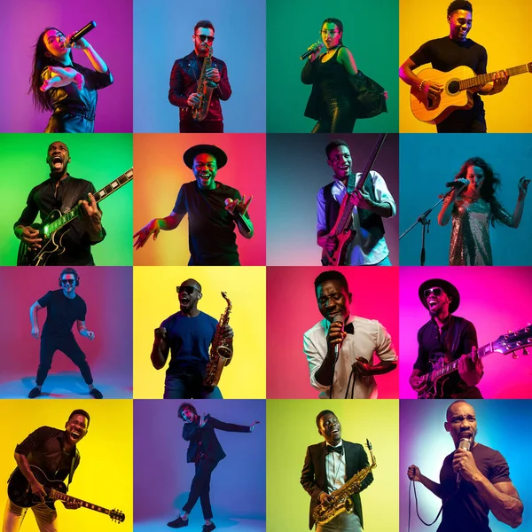 Collage von Porträts junger Musiker vor buntem Hintergrund in Neon — Stockfoto