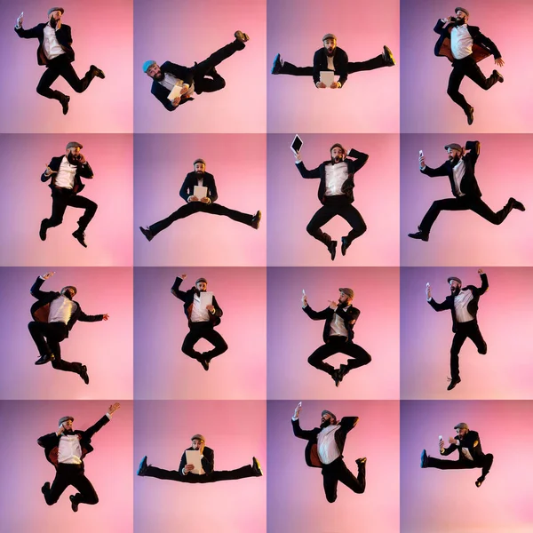 Colagem de retratos de homem jovem pulando alto em fundo roxo em luz de néon — Fotografia de Stock