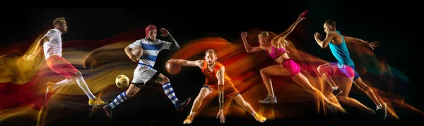 Creative collage of sportsmen in mixed and neon light on black background, flyer, motion and action — Stock Photo, Image