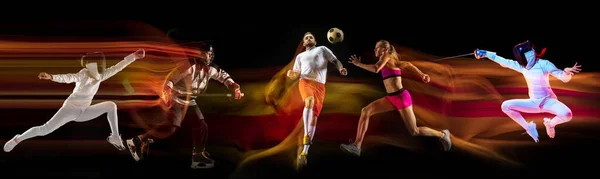 Collage creativo di sportivi in luce mista e al neon su sfondo nero, volantino, movimento e azione — Foto Stock