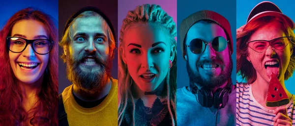 Collage di ritratti di giovani su sfondo multicolore al neon — Foto Stock