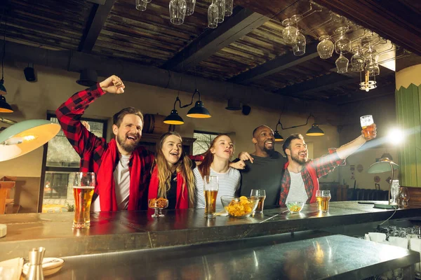 Los aficionados al deporte animando en el bar, pub y beber cerveza mientras que el campeonato, la competencia va —  Fotos de Stock