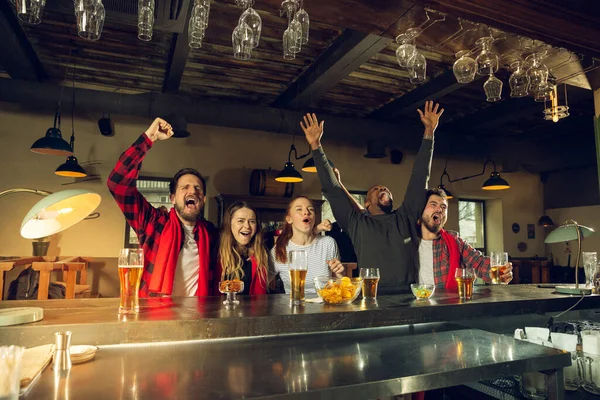 Gli appassionati di sport tifo al bar, pub e bere birra mentre il campionato, la concorrenza sta andando — Foto Stock