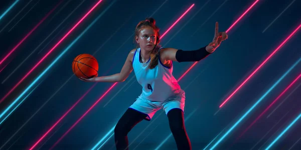 Sport creativo e linee al neon su sfondo scuro, volantino, proposta — Foto Stock
