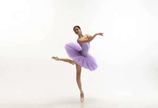 Jovem graciosa bailarina concurso no fundo do estúdio branco — Fotografia de Stock