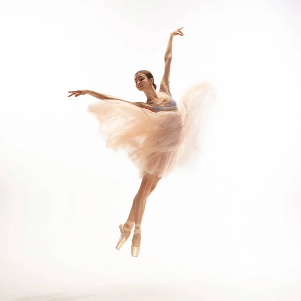 Молодая изящная нежная балерина на белом фоне студии — стоковое фото