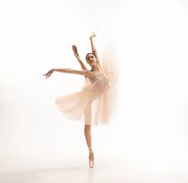 Giovane ballerina tenera graziosa su sfondo bianco dello studio — Foto Stock