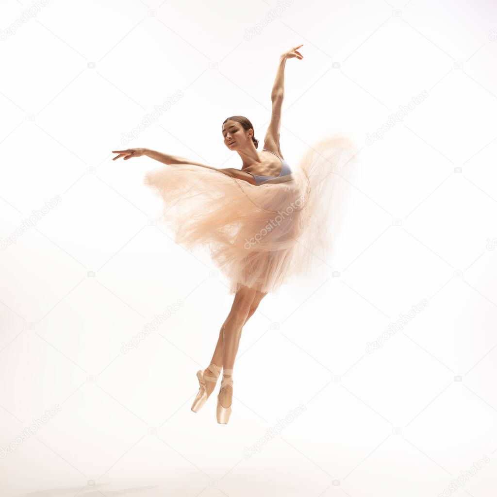 Young graceful tender ballerina on white studio background