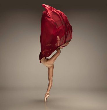 Gri stüdyo arka planında zarif bir balerin.