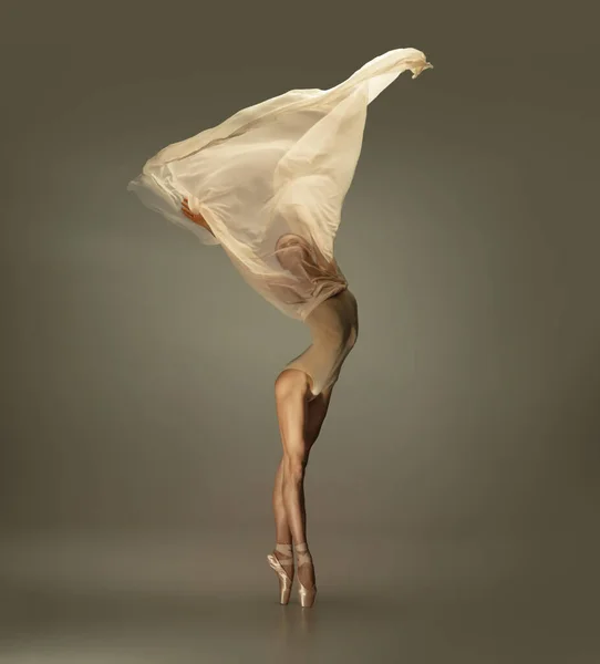 Молода витончена ніжна балерина на сірому студійному фоні — стокове фото