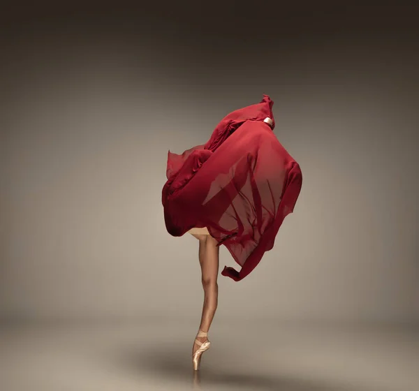 Молодая изящная нежная балерина на фоне серой студии — стоковое фото