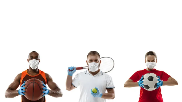Sportolók védő maszkok, coronavirus kezelés illusztráció koncepció — Stock Fotó