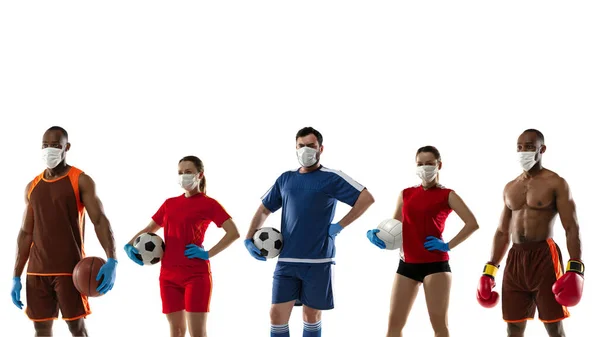Sportifs en masques de protection, concept d'illustration de traitement coronavirus — Photo