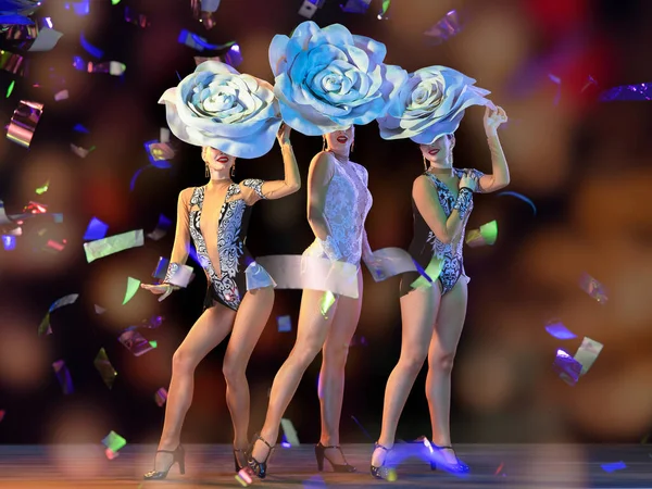 Jeunes danseuses avec d'énormes chapeaux floraux au néon sur fond de dégradé en confettis volants — Photo