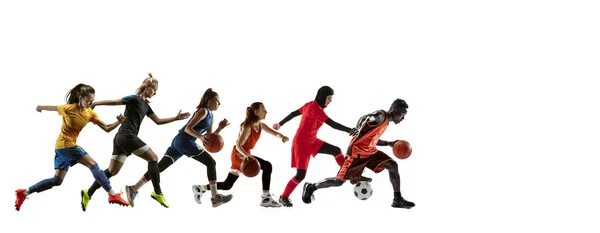 Desportistas jovens e emocionais correndo e pulando sobre fundo branco, panfleto com copyspace — Fotografia de Stock