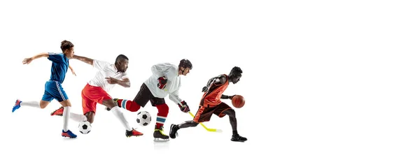 Jonge en emotionele sporters rennen en springen op witte achtergrond, flyer met copyspace — Stockfoto