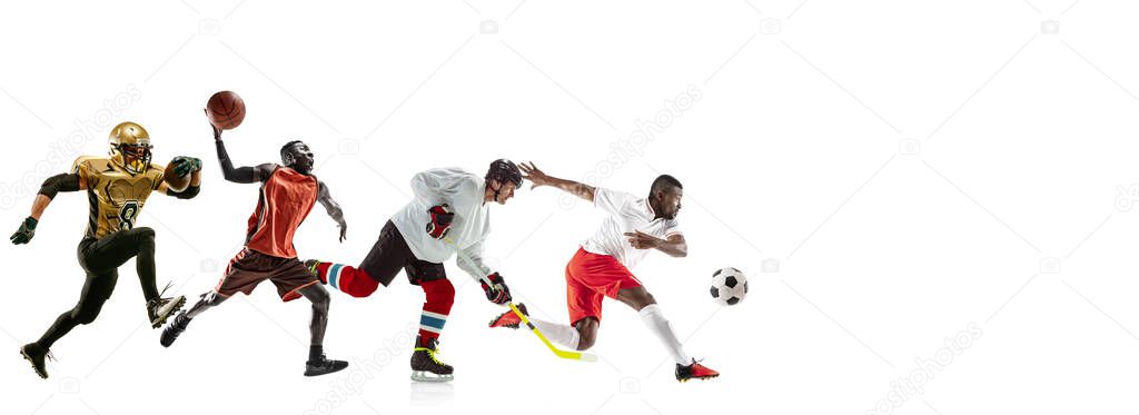 Young and emotional sportsmen running and jumping on white background, flyer with copyspace