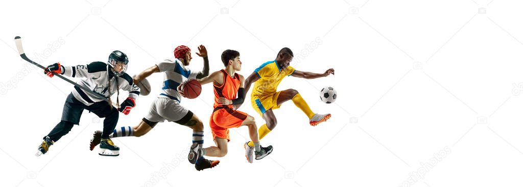 Young and emotional sportsmen running and jumping on white background, flyer with copyspace