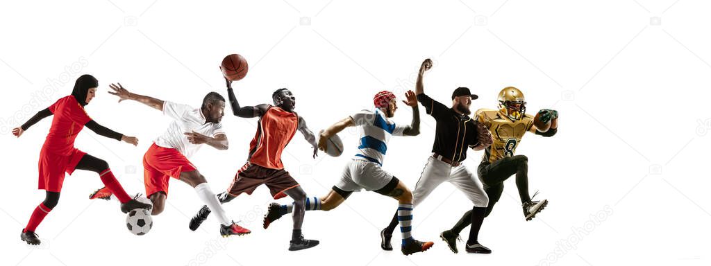 Young and emotional sportsmen running and jumping on white background, flyer with copyspace