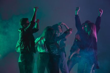 Amigo dansı partisi, performans konsepti. Neon ışıklarıyla dans eden kalabalığın gölgesi ellerini kaldırdı.