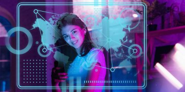 Modern teknoloji ve dijital katman etkisini iş, finans, ekonomi stratejisi kavramı olarak kullanan kadın