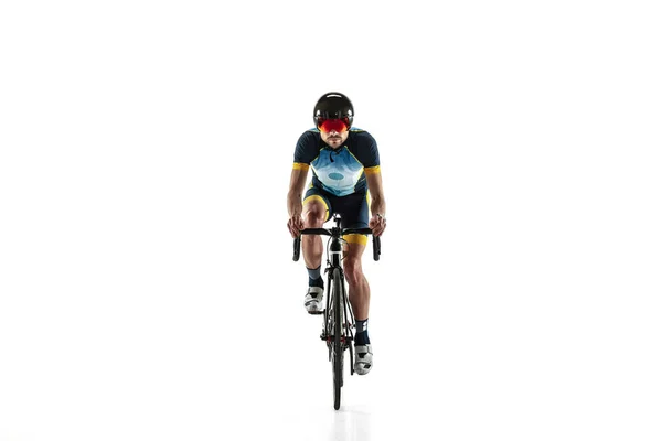 Triathlon male athlete cycle training isolated on white studio background — Stock Photo, Image