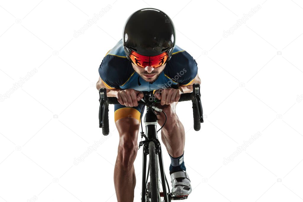 Triathlon male athlete cycle training isolated on white studio background