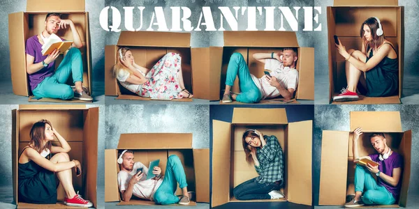 Pessoas em quarentena por causa da propagação do coronavírus sentadas dentro de pequenas caixas, permanecendo em casa conceito — Fotografia de Stock
