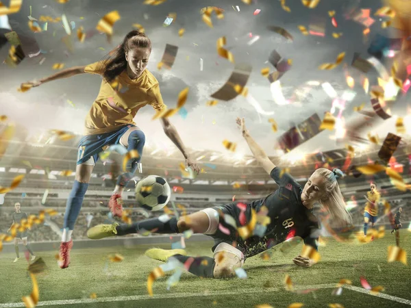 Professional sportswomen caught in moment of winning and confetti flying, motion and action — Stock Photo, Image