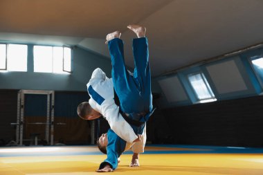 Kimono giymiş iki genç judo dövüşçüsü spor salonunda dövüş sanatları eğitiyorlar.