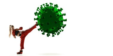 Profesyonel sporcu kadın tekmeliyor, Coronavirus modelini yumrukluyor - hastalıkla savaş, broşür