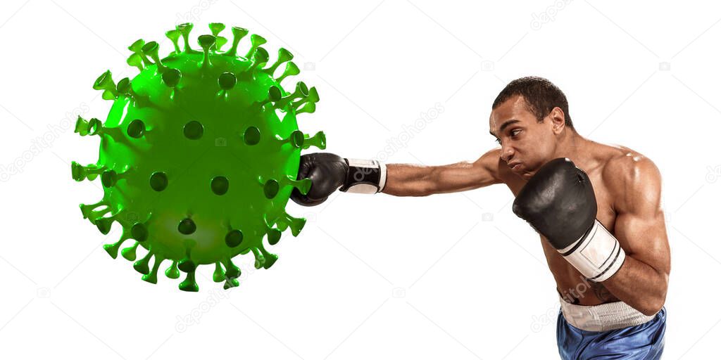Professional sportsman kicking, punching coronavirus model - fight the desease, flyer