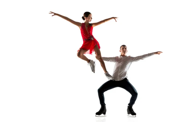 Duo figure skating isolated on white studio backgound with copyspace — Stock Photo, Image
