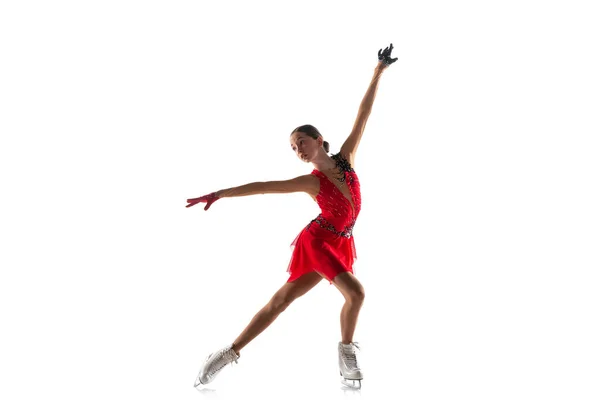 Fille patinage artistique isolé sur fond de studio blanc avec copyspace — Photo